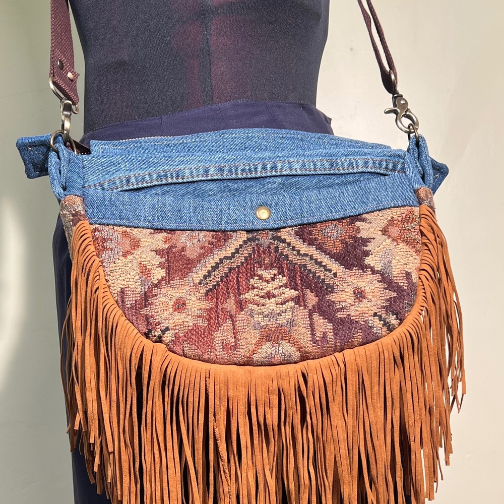 NEW LuLu Jessie Fringed Denim Small Tapestry with Zipper Closure Crossbody Bag